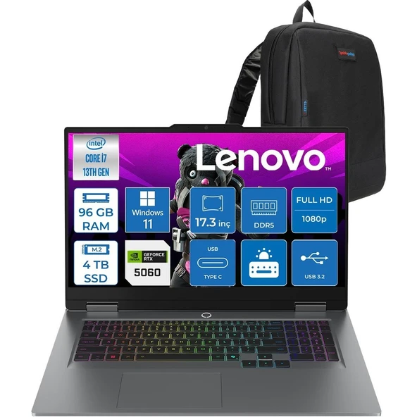 Lenovo Loq 17IRX10 Intel Core I7 13700HX 96GB Ddr5 4tb SSD RTX5060 8gb 115W Windows 11 Pro 17.3 Inç Fhd (1920X1080) IPS 300NITS 165HZ 100% Srgb Taşınabilir Bilgisayar W83JH009UTRP46 + Zetta Çanta ürün görseli 1