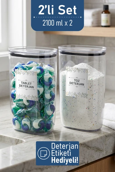 İronika Etiket Hediyeli Sızdırmaz Kapaklı Tablet Toz Deterjan Saklama Kabı 2100 ml 2 Adet ürün görseli 1