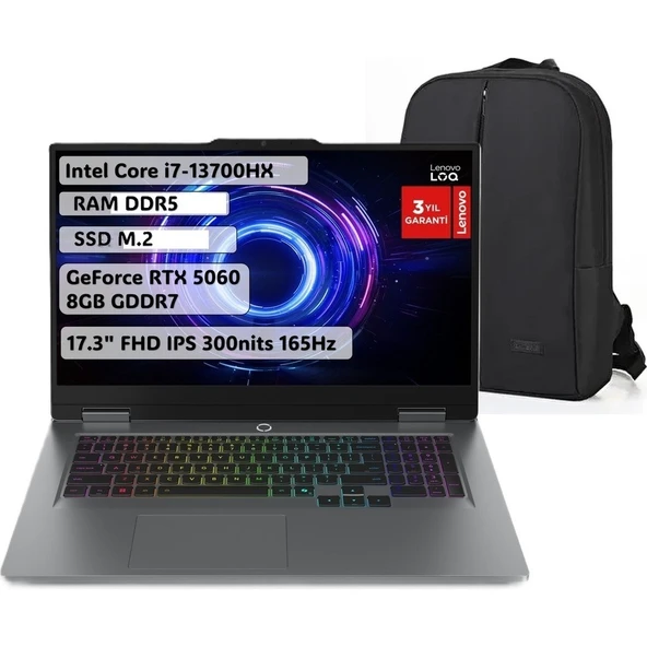 Lenovo Loq I7-13700HX 12GB 1tb SSD 17.3" Fhd 144Hz Rtx 5060 8gb Gddr7 115W Windows 11PRO 83JH00BQTR Snertech Çanta ürün görseli 1