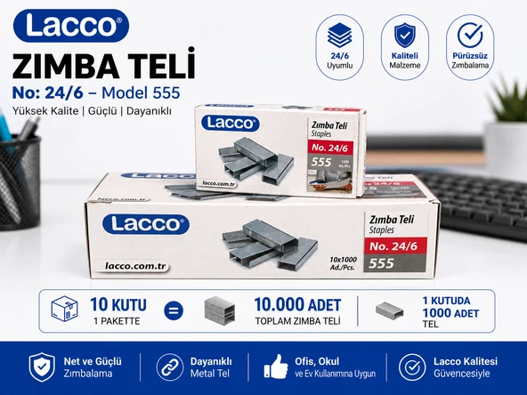 Lacco 24/6 Zımba Teli 10 Kutu 10000 Adet No:555 Metal Zımba Teli Ofis Okul Kırtasiye ürün görseli 1
