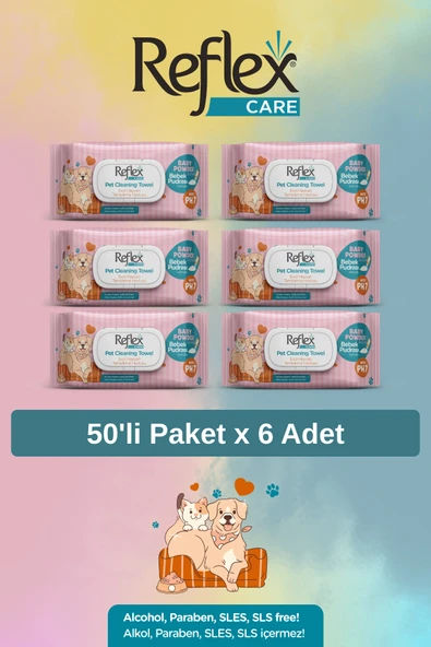 Reflex Care Evcil Hayvanlar İçin Çok Amaçlı Hijyenik Temizleme Mendili 50'li x 6 Adet ürün görseli 1