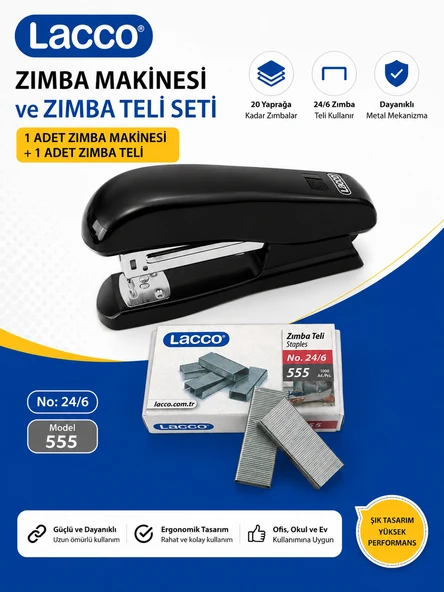 Lacco 24/6 Zımba Makinesi ve Zımba Teli Seti 1 Zımba Makinesi 1 Kutu 24/6 Zımba Teli Dayanıklı Metal Mekanizma ürün görseli 1