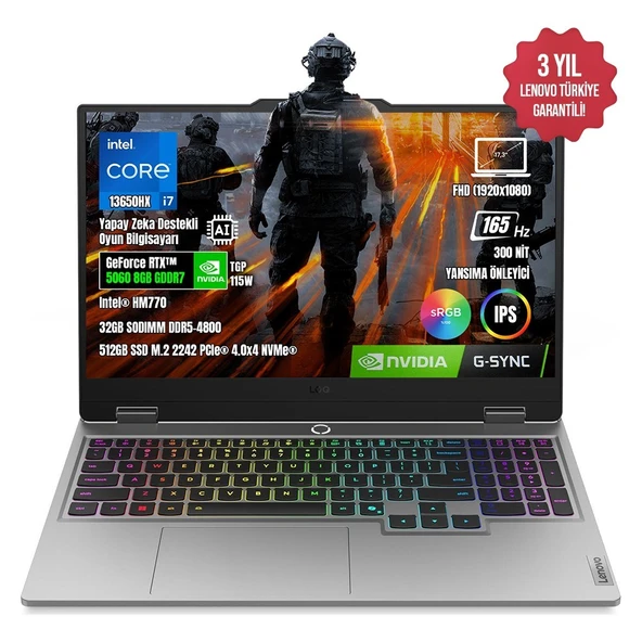 Lenovo Loq 17IRX10 83JH006ETR-08 I7-13650HX 32GB Ddr5 512GB SSD RTX5060 8gb 17.3" IPS 165Hz Freedos Taşınabilir Bilgisayar ürün görseli 1