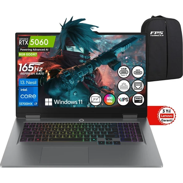 Lenovo Loq I7-13700HX RTX5060 24GB Ram 1tb SSD 17.3" Fhd IPS W11 83JH00BQTR Taşınabilir Bilgisayar ürün görseli 1