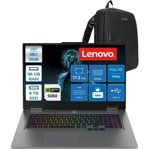 Lenovo Loq 17IRX10 Intel Core I7 13700HX 96GB Ddr5 8tb SSD RTX5060 8gb 115W Freedos 17.3 Inç Fhd (1920X1080) IPS 300NITS 165HZ 100% Srgb Taşınabilir Bilgisayar W83JH00BQTRF48 + Zetta Çanta ürün görseli 1