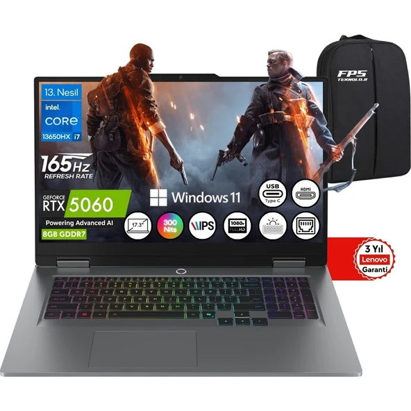 Lenovo Loq 17IRX10 I7-13650HX RTX5060 16GB Ram 512GB SSD 17.3" Fhd IPS 165Hz W11 83JH006ETR Taşınabilir Bilgisayar ürün görseli 1