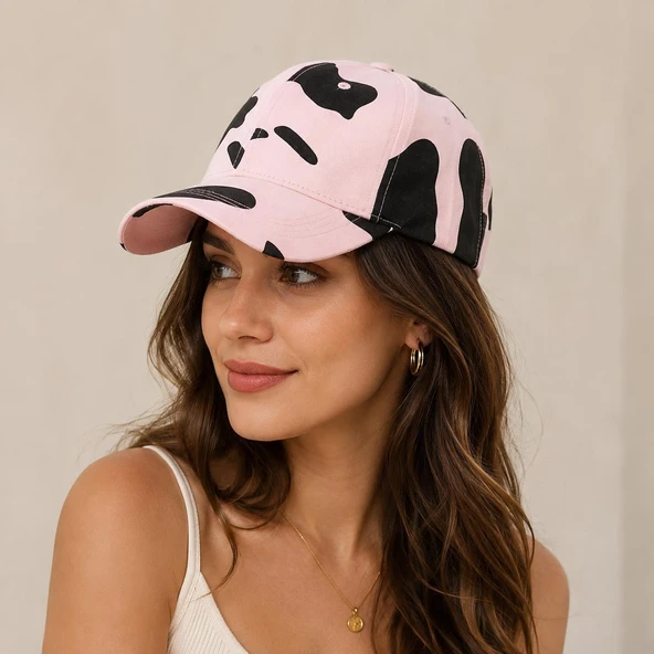 Valkyrie İnek Desenli Kadın Şapka Ayarlanabilir Baseball Cap Pembe Siyah Spor Günlük Unisex ürün görseli 1
