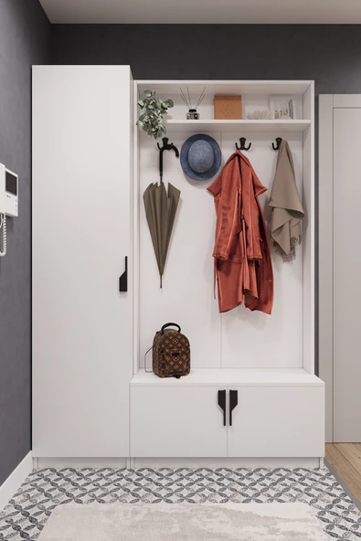 Lüks Çok Raflı Portmanto Askılı Vestiyer %100 MDF Çok Raflı Ayakkabılık V01  BEYAZ ürün görseli 1