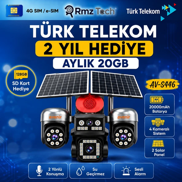 Avenir Sim Kartlı, 4 Kameralı ,Güneş Enerjili,  AYLIK 20GB TELEKOM 2 Yıllık Hat, 128GB SDKart HEDİYE ürün görseli 1