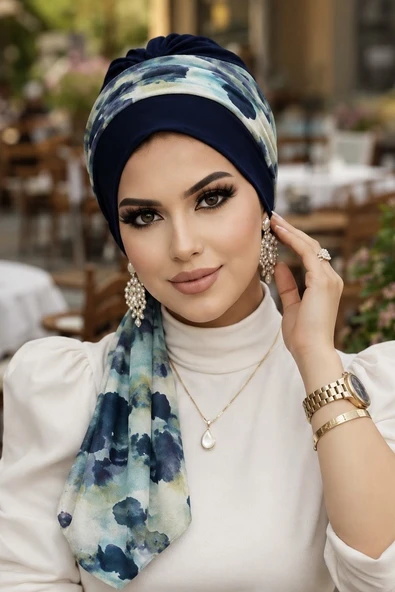 Lacivert Batik Desen Fularlı Bone - Resim 3