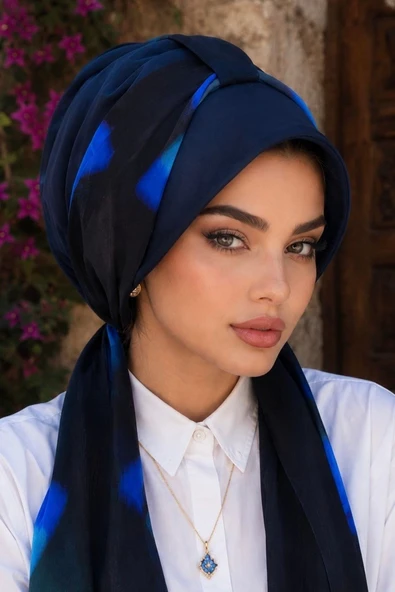 Lacivert Saks Mavi Batik Fularlı Şapka Bone - Resim 3