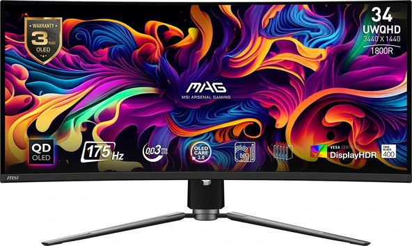 34 MSI MAG 341CQP QD-OLED 3440x1440 (UWQHD) 21:9 CURVE 1800R QD-OLED 175HZ 0.03MS ADAPTIVE-SYNC GAMING MONITOR ürün görseli 1