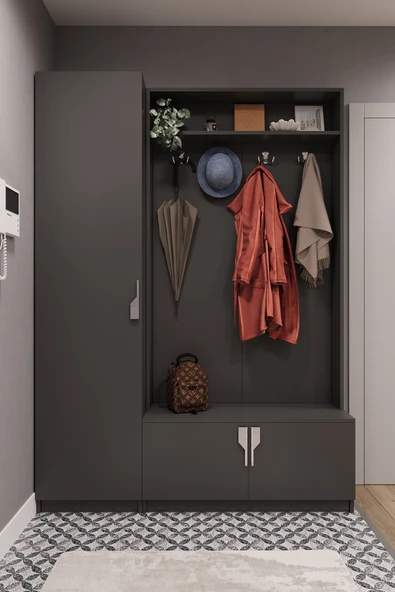Lüks Çok Raflı Portmanto Askılı Vestiyer %100 MDF Çok Raflı Ayakkabılık V01  ANTRASİT ürün görseli 1