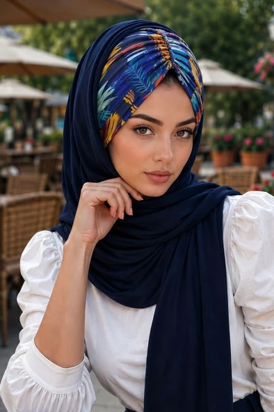 Lacivert Hardal Yaprak Desenli Büzgülü Hazır Şal ürün görseli 1