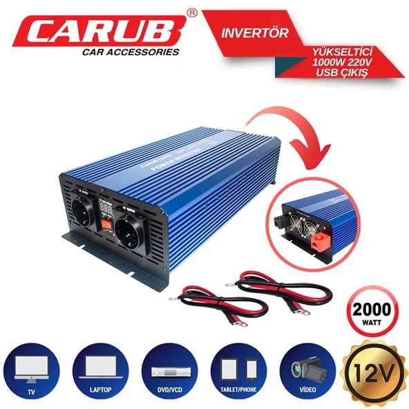 CARUB 12V to 220V Çevirici İnvertör 2000W - Araç Ve Karavan Tipi USB Çıkışlı Dijital Ekranlı Güç Yükseltici ürün görseli 1