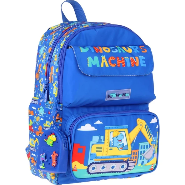 Kaukko Kids Erkek Çocuk Dinazor ve Iş Makinesi Baskılı Okul Çantası - Mavi - Sarı - Mechanic - L5369 ürün görseli 1