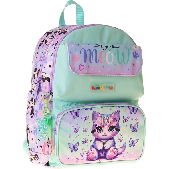 Kaukko Kids Kız Çocuk Mor Kedi Desenli Okul Çantası - Yeşil - Mor - Meow - L5288 ürün görseli 1