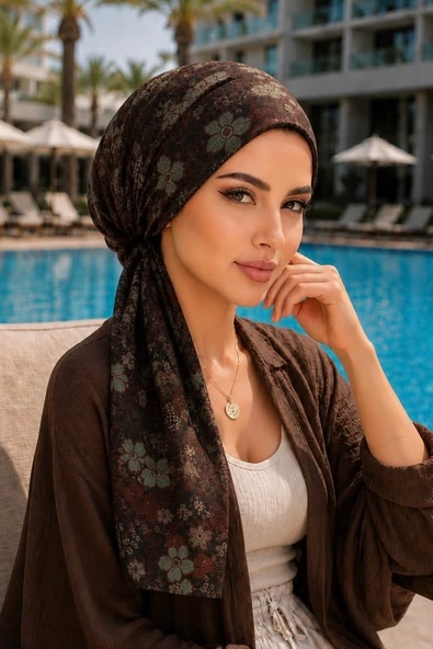 Kahve Yeşil Desenli Eşarp Bone ürün görseli 1