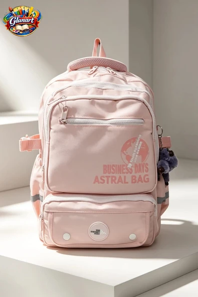 içi ful astarlı 7 bölümlü ortaokul  çantası su geçirmez açık pembe ürün görseli 1
