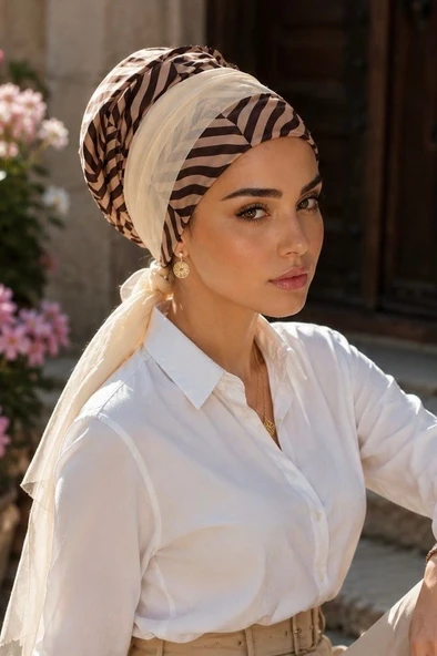 Bej Kahve Desen Sarı Fularlı Bone - Resim 2