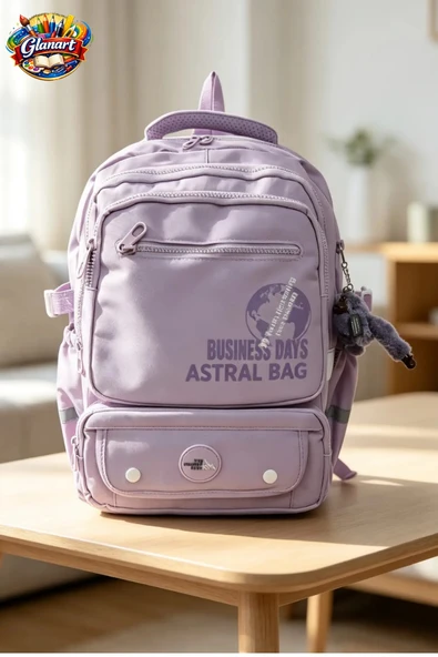 içi ful astarlı 7 bölümlü ortaokul  çantası su geçirmez açık lila ürün görseli 1