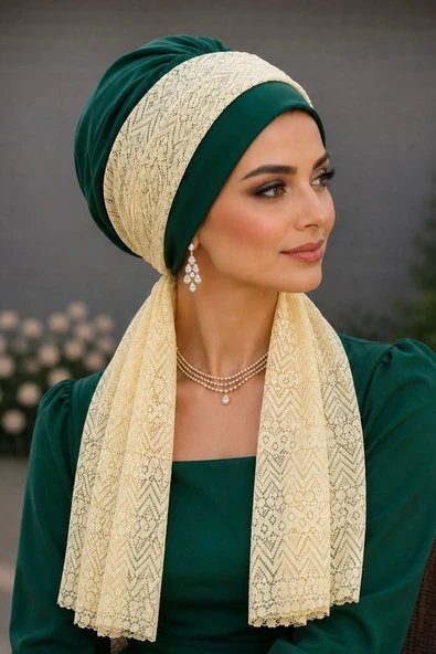 Zümrüt Sarı Dantel Fularlı Bone - Resim 2