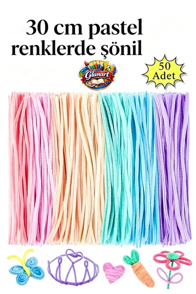 şönil pastel renkler 50 adet 30 cm şönil, tüylü tel el işi okul projeleri için ürün görseli 1