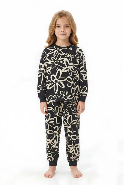 %100 Pamuk ve Baskılı Kız Çocuk Pijama Takımı 3-8 Yaş 12740IS ürün görseli 1