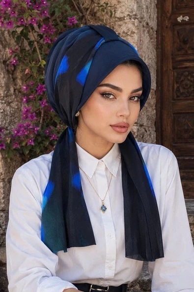 Lacivert Saks Mavi Batik Fularlı Şapka Bone ürün görseli 1
