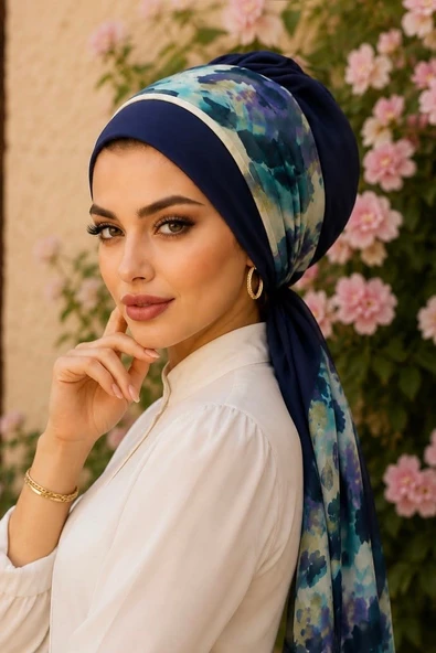 Lacivert Batik Desen Fularlı Bone ürün görseli 1