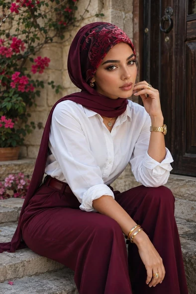 Bordo Flok Baskılı Bağcıklı Bandana Şal ürün görseli 1
