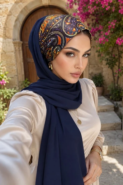 Lacivert Etnik Desen Bandana Hazır Şal ürün görseli 1