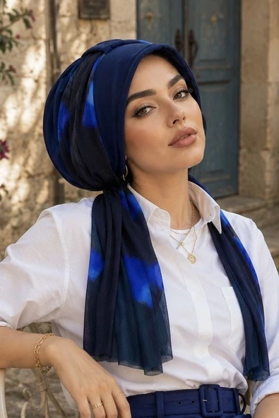 Lacivert Saks Mavi Batik Fularlı Şapka Bone - Resim 2