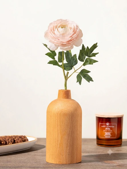 Amaranthus Kumaş Tek Dal Yapay Çiçek Krem ve Kahverengi Düz Dekoratif Ahşap Vazo 9x18 Cm ürün görseli 1