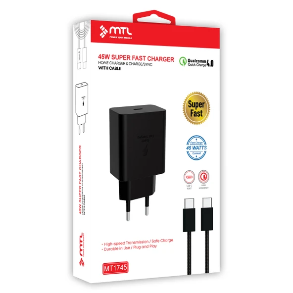 45W Süper Hızlı 2.0 Type-C Adaptör + Type-C to Type-C Kablo Süper Fast Şarj Seti MT 1745 ürün görseli 1
