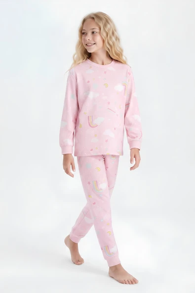 %100 Pamuk ve Baskılı Kız Çocuk Pijama Takımı 8-13 Yaş 12739IS ürün görseli 1