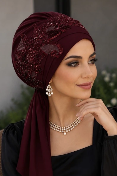 Bordo Payet Detaylı Atkılı Bone - Resim 2