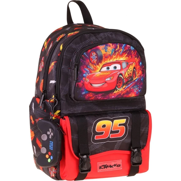 Kaukko Kids Dört Bölmeli Erkek Çocuk Yarış Arabası Baskılı Kırmızı - Siyah Okul Sırt Çantası - L5399 ürün görseli 1