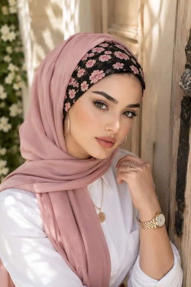 Pudra Çiçekli Bandana Önü Düz Hazır Şal ürün görseli 1