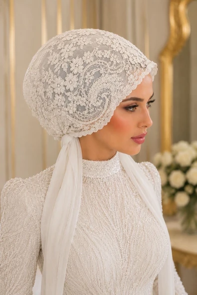 Kırık Beyaz Güpürlü Abiye Eşarp Bone - Resim 4