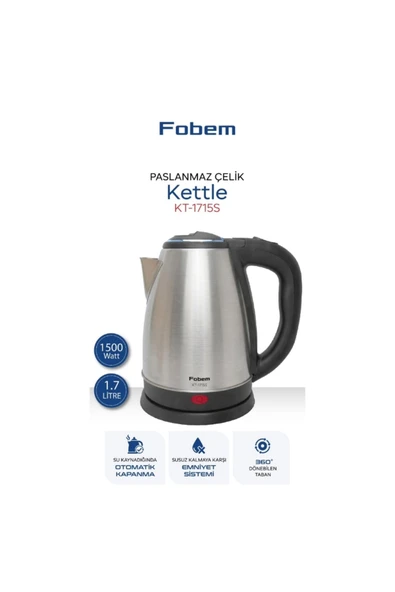FOBEM KT1715 S Saplı Uzun Ömürlü Paslanmaz Çelik Su Isıtıcı Kettle ürün görseli 1