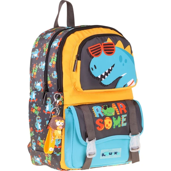 Kaukko Kids Dört Bölmeli Erkek Çocuk Dinazor Roar Some Baskılı Sarı - Mavi Okul Sırt Çantası - L5394 ürün görseli 1