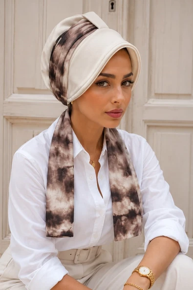 Ekru Batik Fularlı Şapka Bone - Resim 3