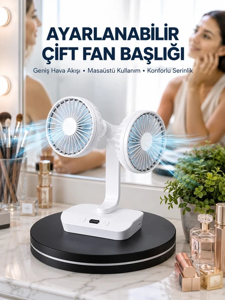 Ayarlanabilir Hızlı Çift Başlıklı Masaüstü Fan – Gece Lambalı Serinletici ürün görseli 1