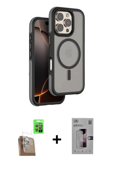 MARSİLYAN™- iPhone 16 Pro Kılıf Çekirdek Minimal Prime - Siyah Bilvis 3D Mat Cam Ekran Koruyucu + Raze Metal Kamera Lens ürün görseli 1