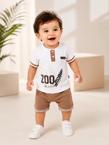 WE&ME Baby Erkek Bebek Zoo Safari Baskılı Kısa Kollu Pamuklu Şortlu İkili Yazlık Takım ürün görseli 1