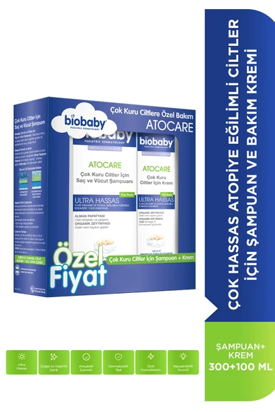 Biobaby Kuru ve Atopik Ciltler İçin Şampuan 300 ml + Çok Kuru Ciltler İçin Krem 100 ml - Özel Fiyat Etiketli ürün görseli 1