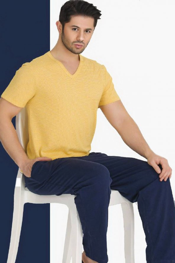 Modal Kumaş Sarı Renkli Teknur TKRN-30821 Erkek Kısa Kol Pijama Takımı ürün görseli 1