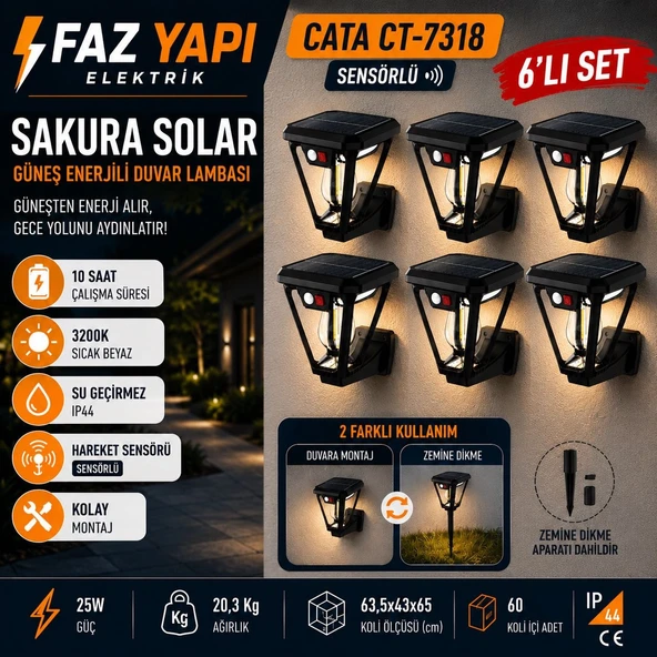 Cata Faz Yapı Elektrik - Cata CT-7318 Sakura Solar Sensörlü Güneş Enerjili Duvar Lambası 6'lı Set ürün görseli 1