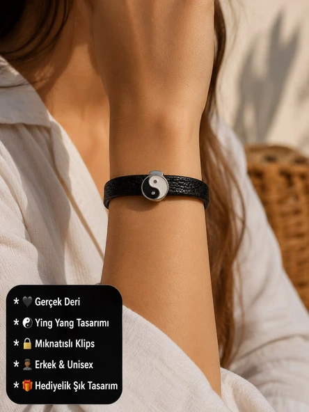 Gerçek Deri Ying Yang Erkek Bileklik | Mıknatıslı Klipsli Siyah Deri Unisex Bileklik ürün görseli 1